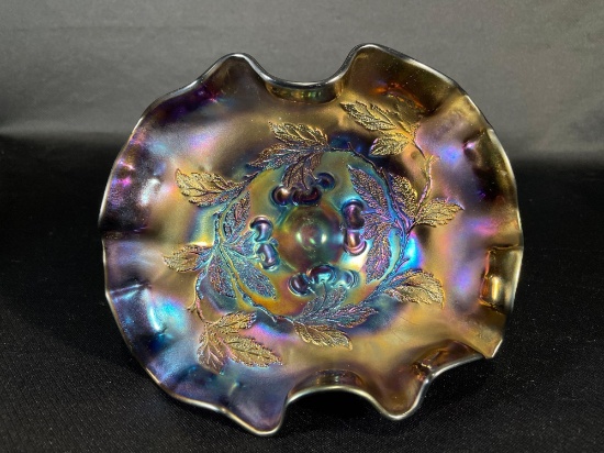 Rare Dugan, "Cherries Interior & Exterior Also," Purple Amethyst, Ball Foot Bowl, 9"l x 7"w