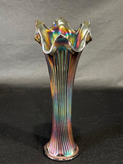 Fenton, "Fine Rib," Blue Vase, 9-5/8"h