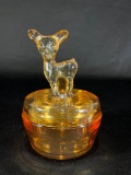 Marigold Carnival Glass Powder w/ Bambi Lid 5-3/4