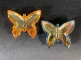 (2) Jeanette Carnival Glass Butterfly Dishes, Includes (1)Blue w/ Marigold Overlay & (1)Marigold