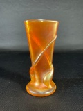Zellique Studios, Marigold, Carnival Glass Vase, Engraved Base,12-1982, 6-1/8