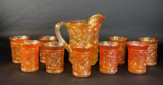 Marigold Carnival Glass Pitcher Rose Pattern w/ Cups