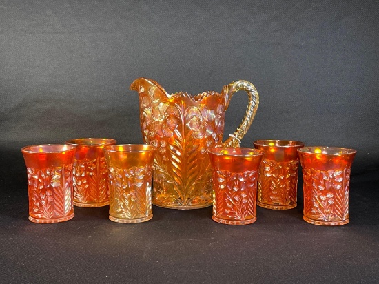 Carnival Glass Pitcher Marigold "Tiger Lily" Pattern w/ Cups