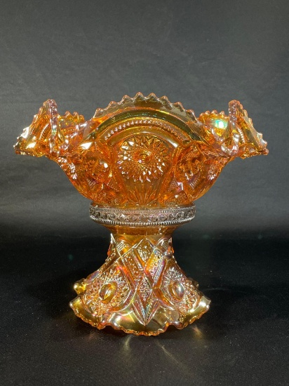 "Fashion" Marigold Ruffled Carnival Glass Punch Bowl w/ Pedestal