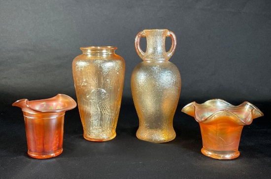 (4) pcs Of Marigold Carnival Glass Bowls & Vase's