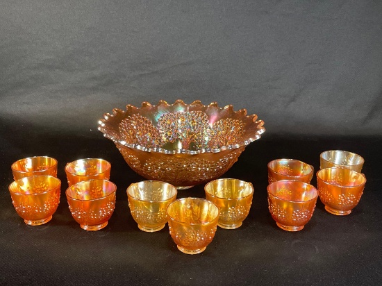 Fenton "Orange Tree" Marigold Punch Bowl w/ Cups