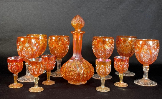 Imperial "Octagon" Marigold Decanter w/ 11 Drinking Glasses