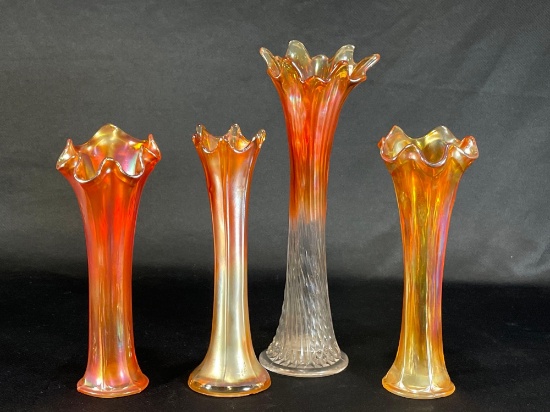 Fenton "Diamond Point" Ribbed Vase & Other Assortment of Marigold Vases