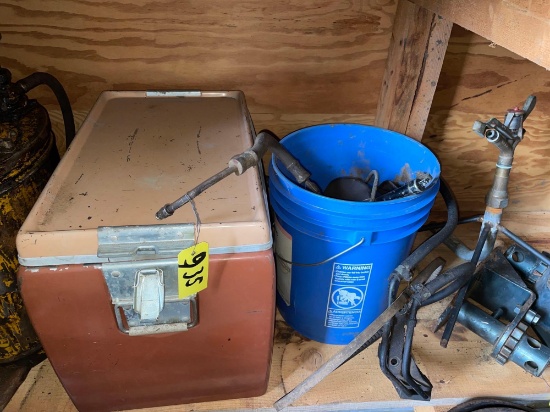 unknown brown ice chest & bucket with misc lines and hardware