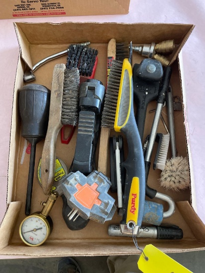 Assorted Wire Brushes, Air Chuck, Pressure Gage, Etc.