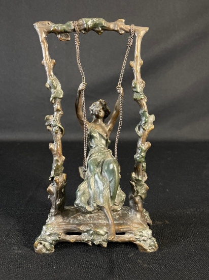 Art Nouveau Bronze Statue Of Lady Swinging, After Auguste Moreau, 10"h