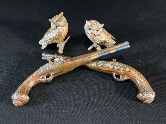 Pair Of Hand-painted Decorative Owls & Pair Of Decorative Faux Flintlock Pistols