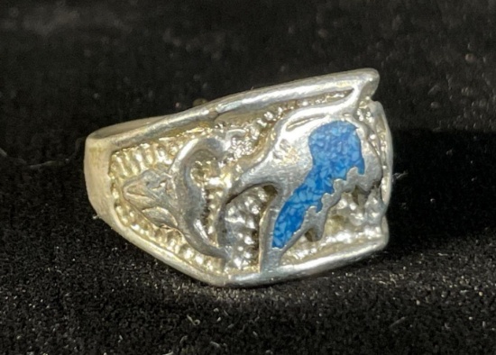 Sterling Silver Ring w/ Eagle & Bull Design & Small Turquoise Inlay, .475 ozt