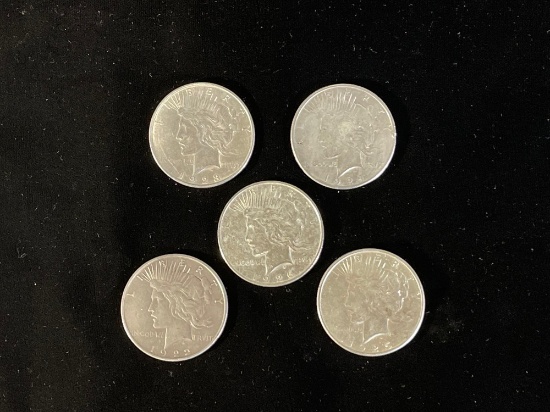 (5) 1922-1926 silver liberty dollar coins w/ protective clear cases