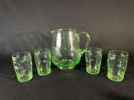 Green Depression Glass Pitcher & (4) Glasses