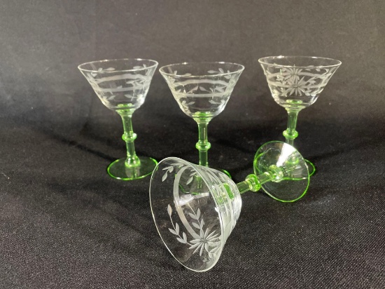 (4) Acid Etched Martini Glass w/ Green Depression Glass Stems