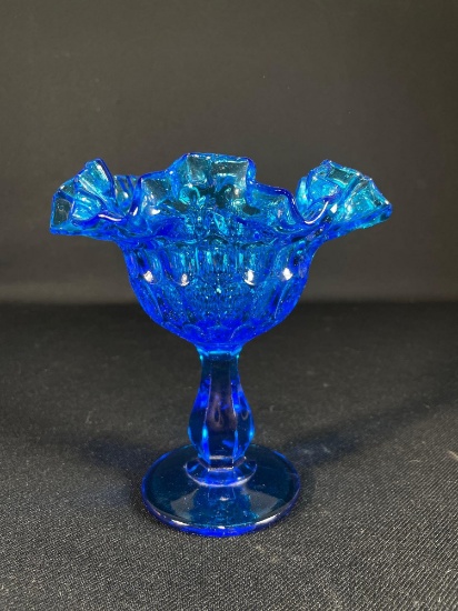 6" Fenton colonial blue pedestal compote w/ thumbprint pattern