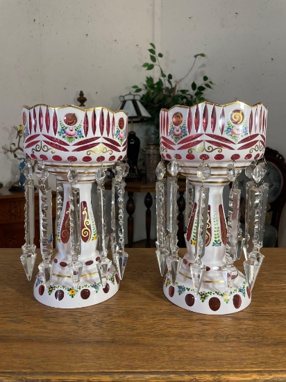 Pair of Bohemian white to cranberry Glass Lusters w/ Crystal Prisms