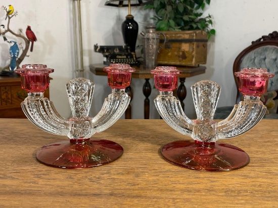 Pair Of Clear & Cranberry Glass Candlestick Holders
