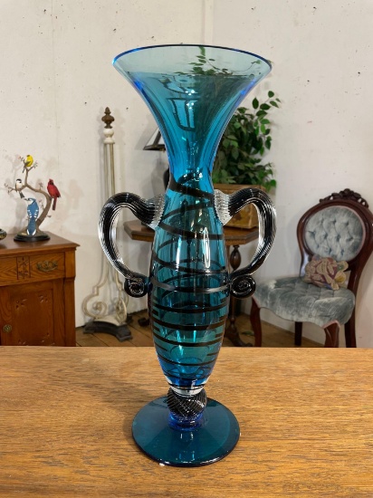 18" Blue Art Glass Vase w/ Applied Handles