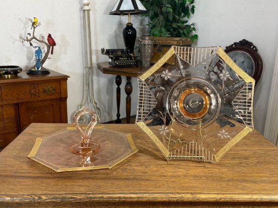 Etched Glass Dishes w/ Gilt Accents