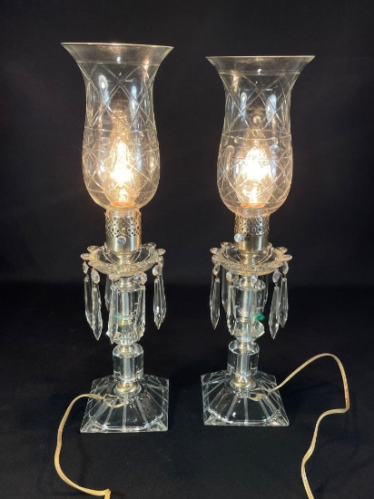 Pair Of Crystal Table Lamps w/ Dangling Prisms 19"h