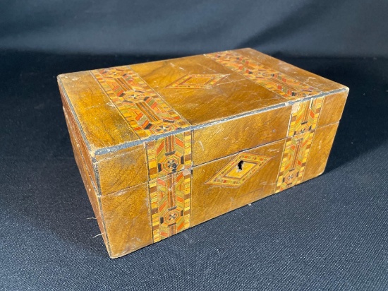 Antique Tunbridge Ware Jewelry box w/ Late Victorian Marquetry Inlay