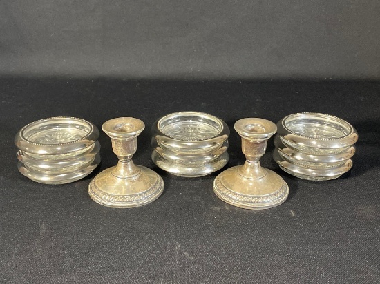 (9) Silver Plated & Glass Coasters & Pair Of Columbia Sterling Weighted Candle Holders