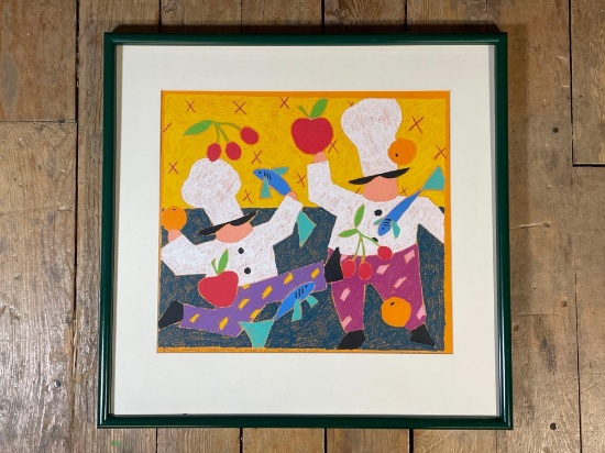 Nancy Coffelt "Apples, Oranges, Cherry Pie, 1 Fish, 2 fish, Fresh Fish Fry" oil pastel painting