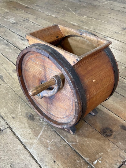 Antique wood barrel hand crank butter churn