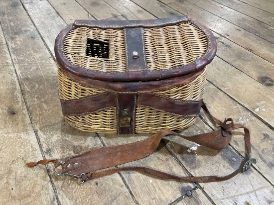 Vintage leather trimmed fishing creel