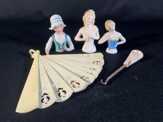 (3) German Porcelain Half Doll Pin Cushions, Button Hook & Celluloid Fan