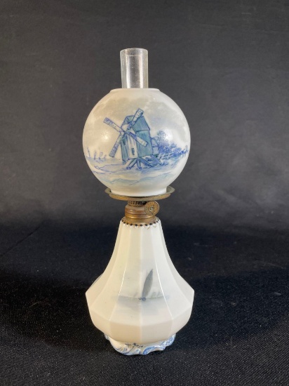 The P & A Co. Milk Glass Oil Lamp w/ Sailboats & Windmill Scenes, 10"h