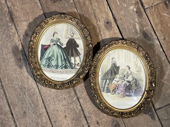 Pair of vintage french clothing advertisements, framed