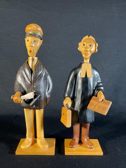 Wooden Carved Statues Of Judge & Ship Captain Made In Italy By Romer