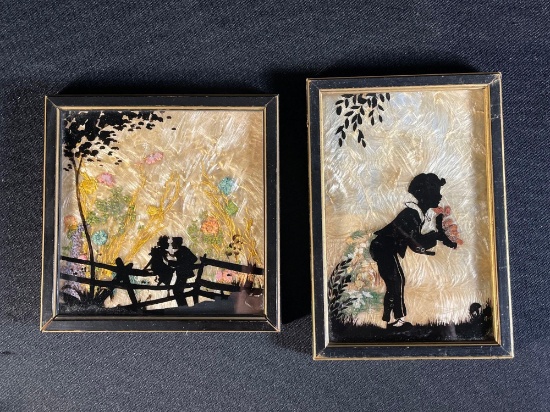 Pair Of Hand Painted Silhouette Pictures Over Silk