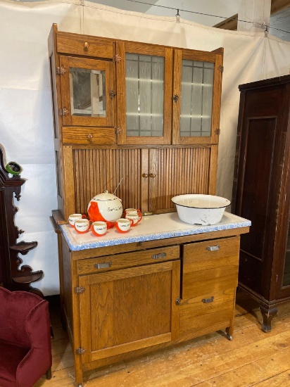 Antique Hoosier style solid Oak kitchen cabinet w/ enameled table top and beveled mirror & acid