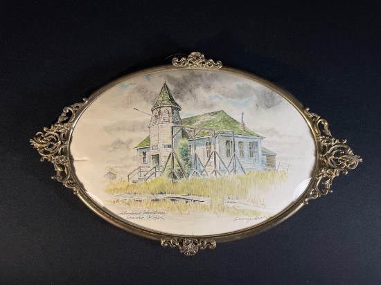 George Hoerner, "Abandoned Schoolhouse Shaniko, OR.," Oval Gilt Frame Charcoal & Colored Pencil