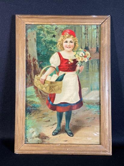 Framed Print Of Girl w/ Picnic Basket & Flower Bouquet