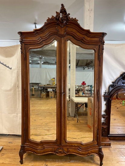 French Baroque beveled Mirror, Walnut Armoire w/ quarters awn side panels