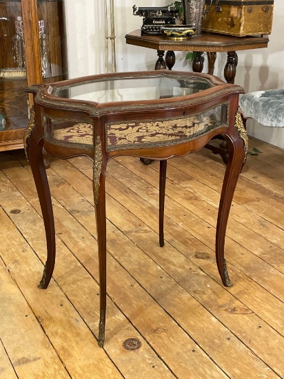 Ornate French Oak & Glass Shadowbox Table w/ Hinge Top, Mahogany