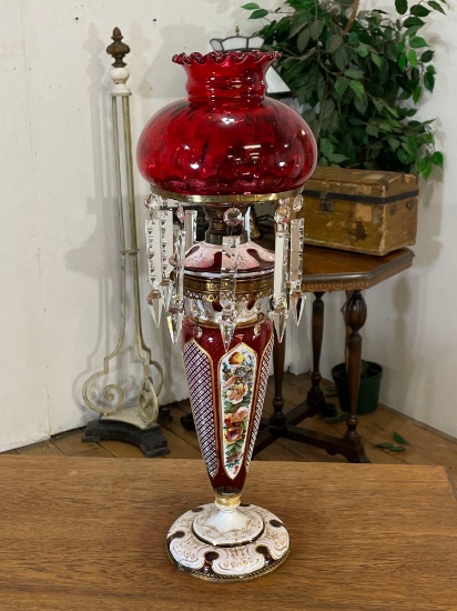 Bohemian Cranberry Glass Oil Lamp Luster