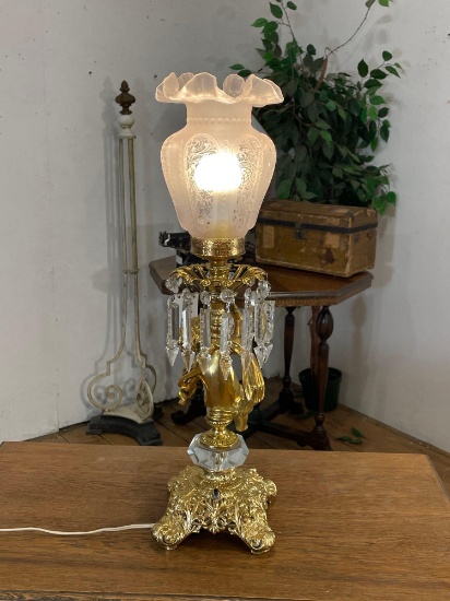 Gilt Figural Table Lamp w/ Cherub Figure & Frosted Glass Shade