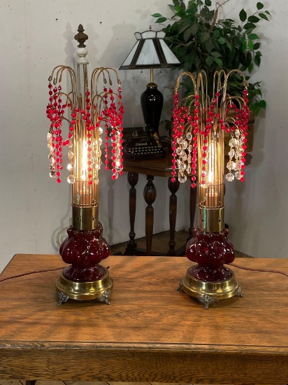 Pair Of Whimsical Cranberry Glass Table Lamps