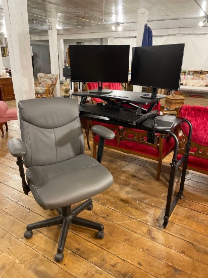 Adjustable standing computer desk, 2 computer moniters, office chair