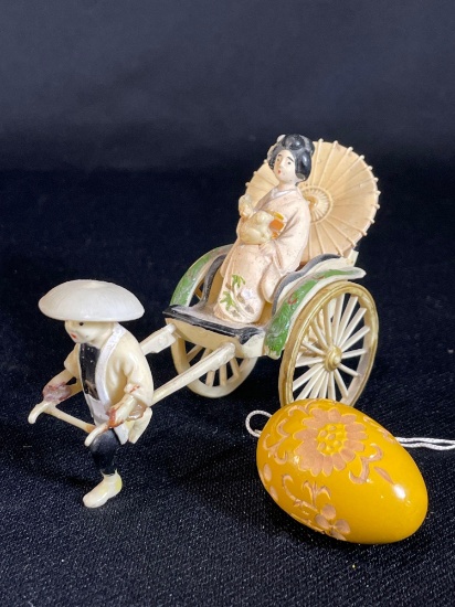 Antique Japanese hand painted Netsuke rickshaw w/ man pulling geisha woman
