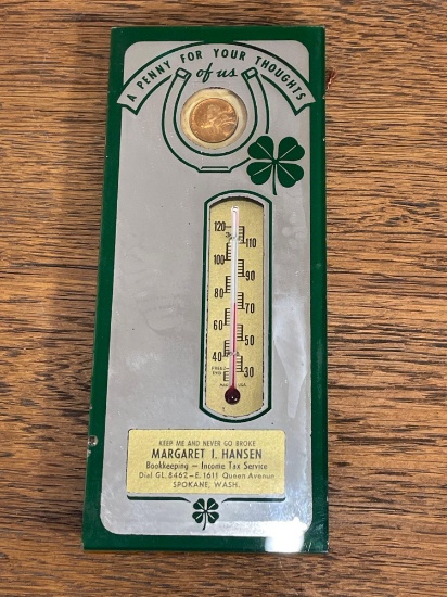 Vintage Tin Promotional Thermometer "Penny For Your Thoughts"