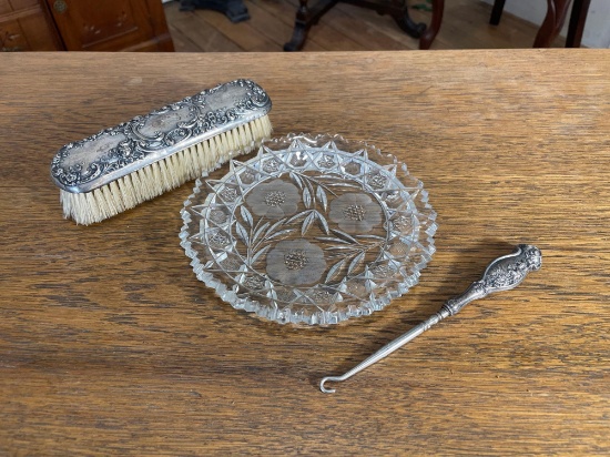 Sterling Button Hook, Vanity Brush & Glass Plate
