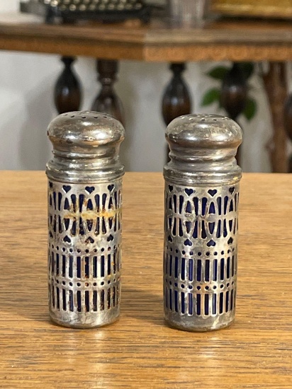 (2) Vintage silver plated & cobalt blue glass shakers