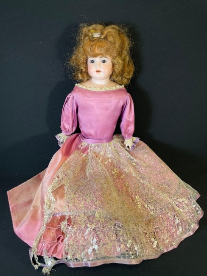 Antique 25" porcelain head doll w/ purple dress